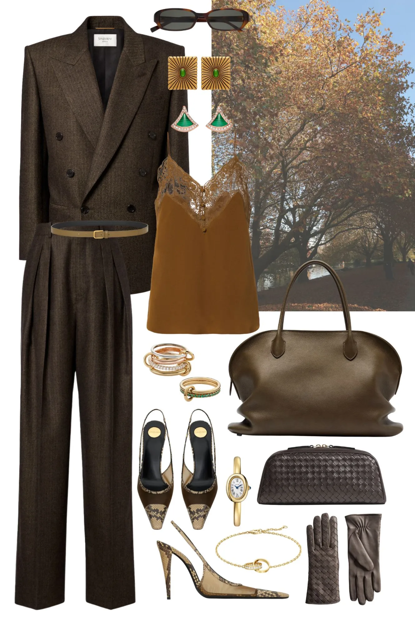 The chocolate brown suit, worn with a silk camisole