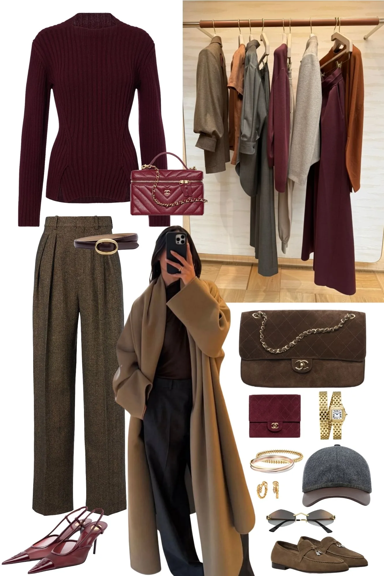 Een bordeauxrood moodboard: een geribde trui, een doorgestikte tas, een nette bruine broek, een camelkleurige jas en bordeauxrode slingbacks