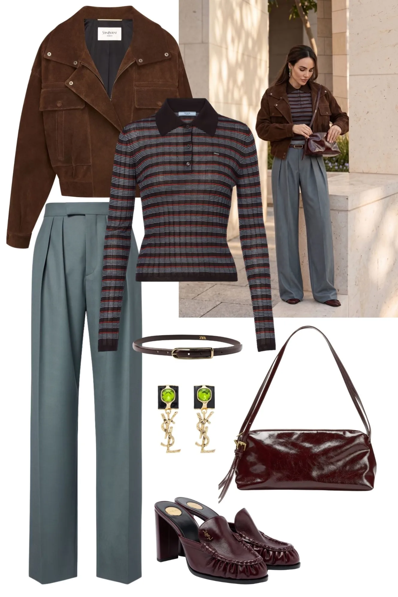 The brown suede jacket, worn with wide-leg trousers